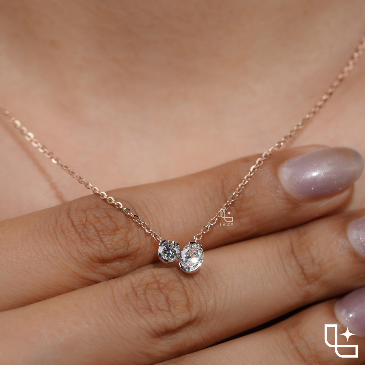 Round & Oval Diamond Pendant Necklace – Rose Gold Diamond Necklace | Modern Two-Stone Diamond Pendant for Women