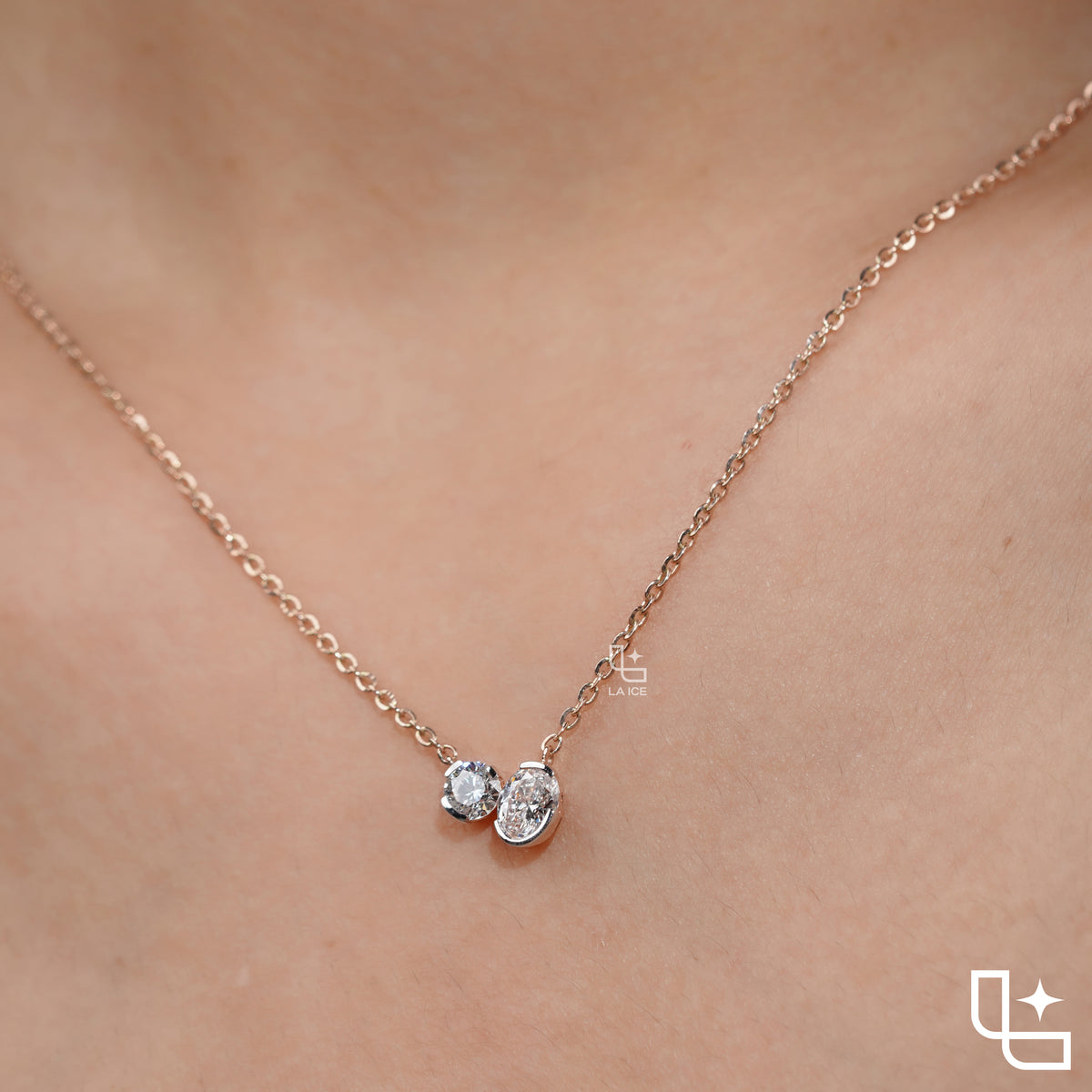Round & Oval Diamond Pendant Necklace – Rose Gold Diamond Necklace | Modern Two-Stone Diamond Pendant for Women