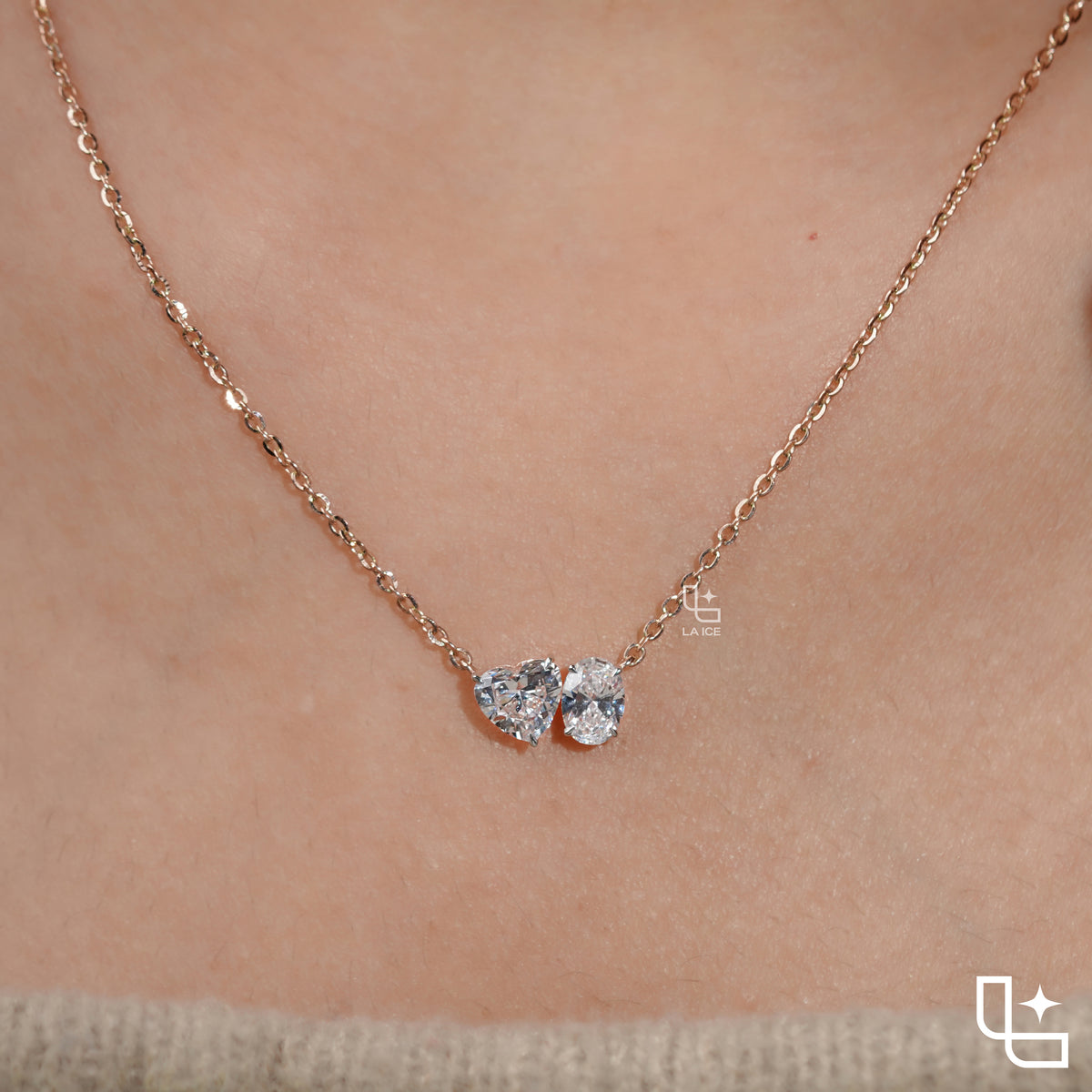 Heart & Oval Diamond Pendant Necklace – Rose Gold Diamond Necklace | Romantic Two-Stone Diamond Pendant for Women