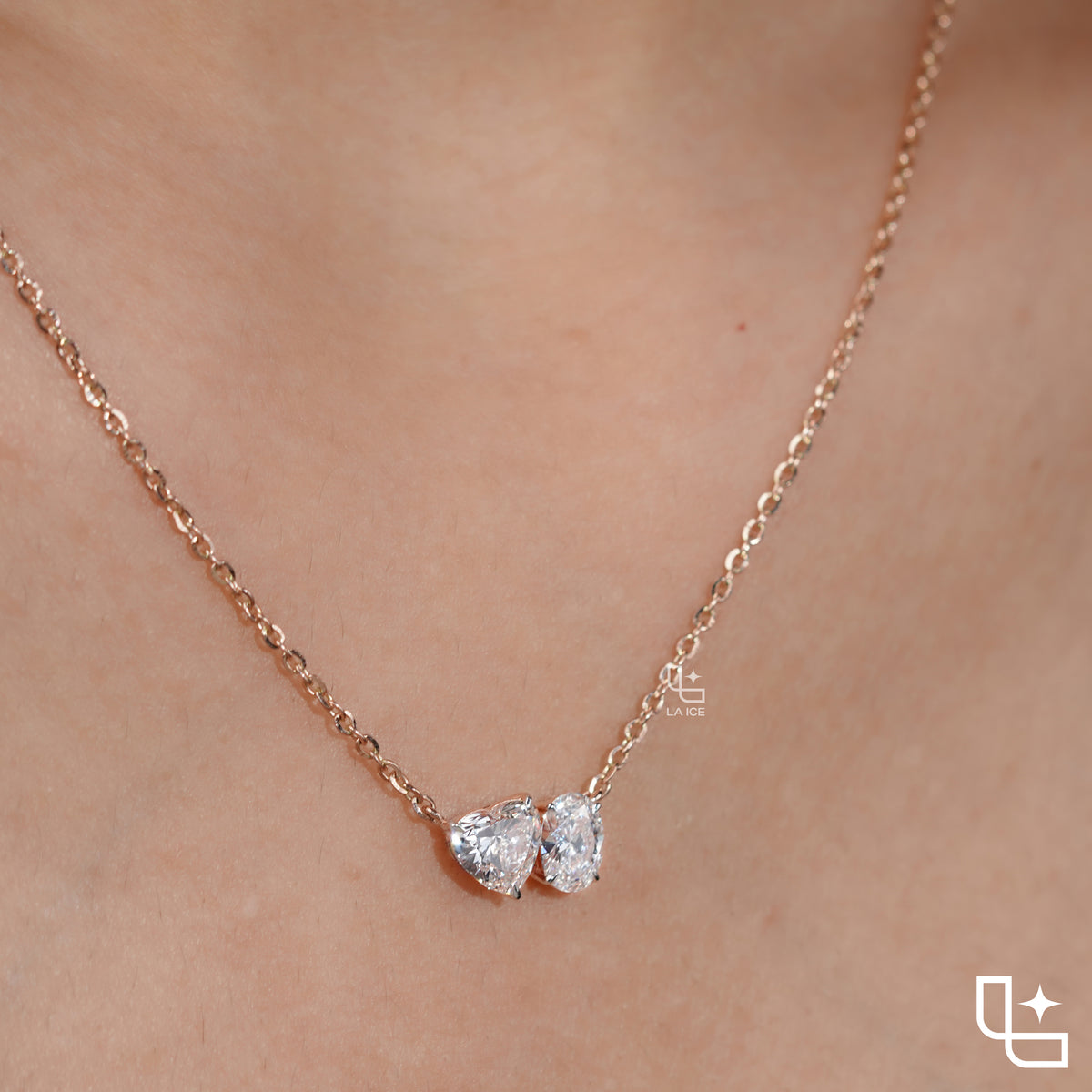 Heart & Oval Diamond Pendant Necklace – Rose Gold Diamond Necklace | Romantic Two-Stone Diamond Pendant for Women