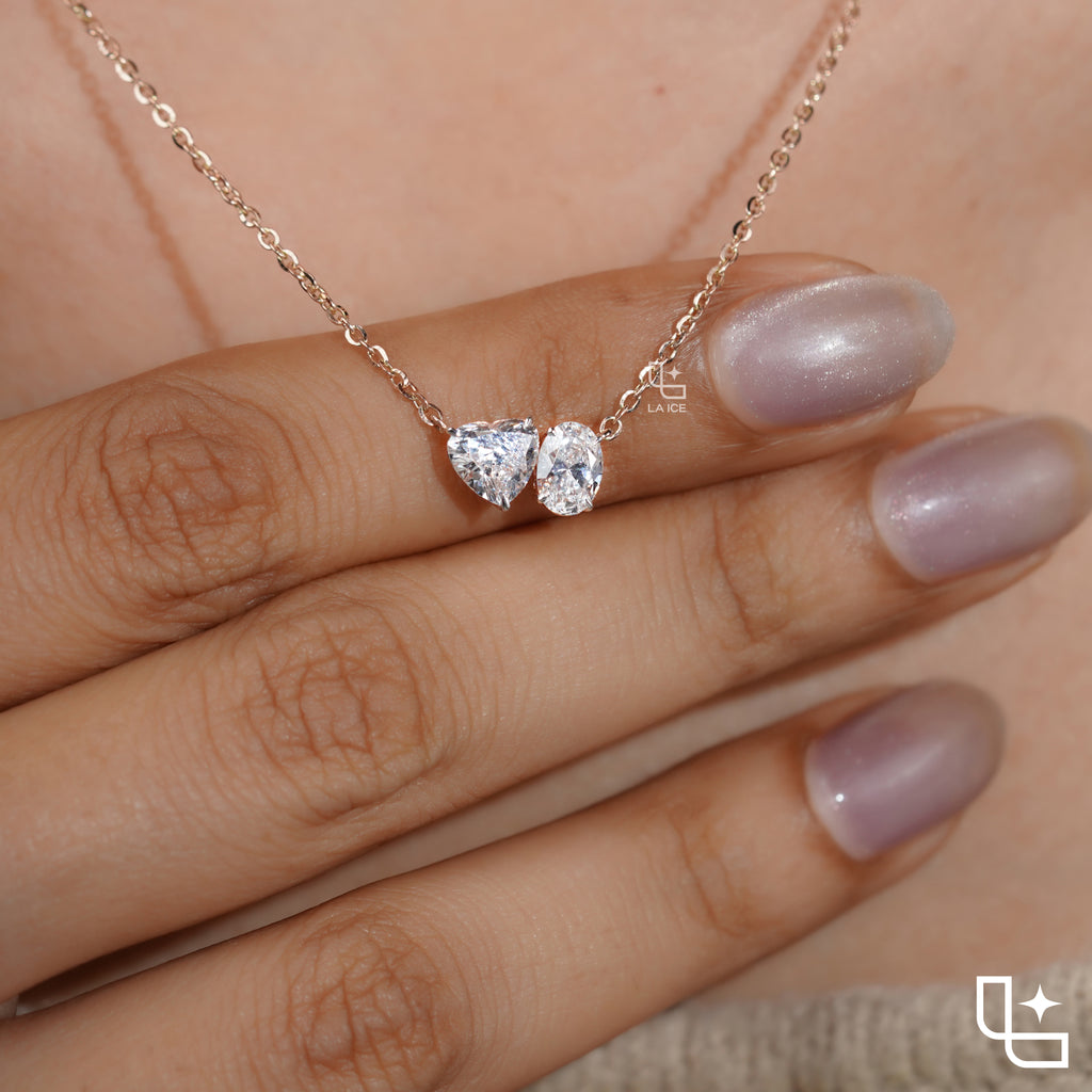 Heart & Oval Diamond Pendant Necklace – Rose Gold Diamond Necklace | Romantic Two-Stone Diamond Pendant for Women