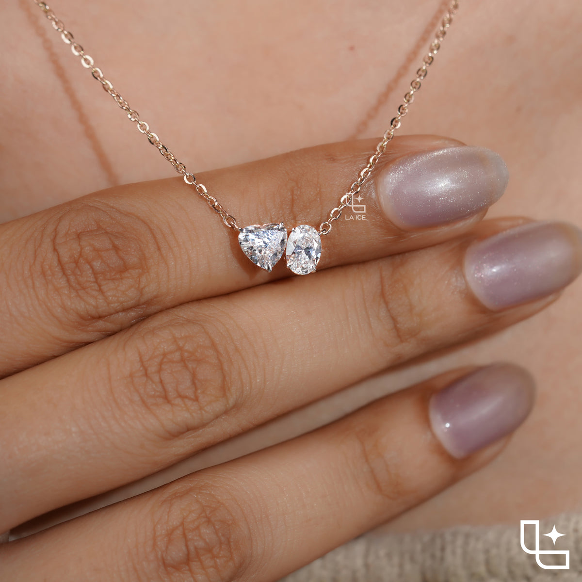 Heart & Oval Diamond Pendant Necklace – Rose Gold Diamond Necklace | Romantic Two-Stone Diamond Pendant for Women