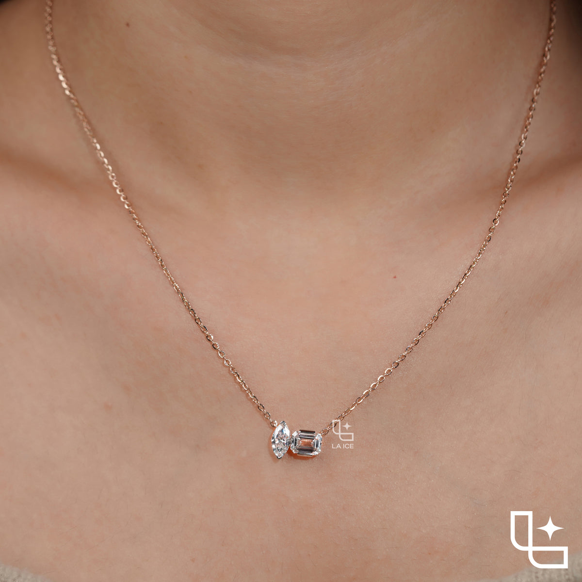 Marquise & Emerald Cut Diamond Pendant Necklace – Rose Gold Diamond Necklace | Modern Two-Stone Diamond Pendant for Women