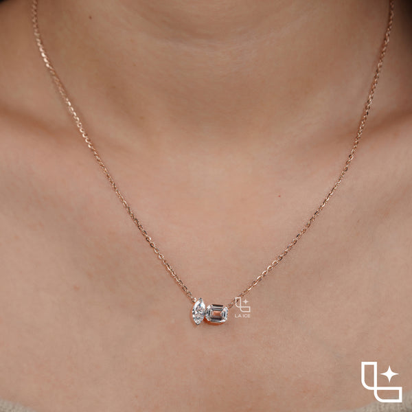 Marquise & Emerald Cut Diamond Pendant Necklace – Rose Gold Diamond Necklace | Modern Two-Stone Diamond Pendant for Women