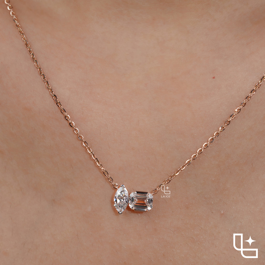 Marquise & Emerald Cut Diamond Pendant Necklace – Rose Gold Diamond Necklace | Modern Two-Stone Diamond Pendant for Women