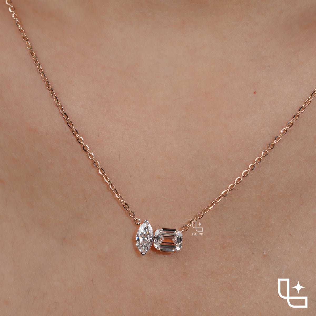 Marquise & Emerald Cut Diamond Pendant Necklace – Rose Gold Diamond Necklace | Modern Two-Stone Diamond Pendant for Women