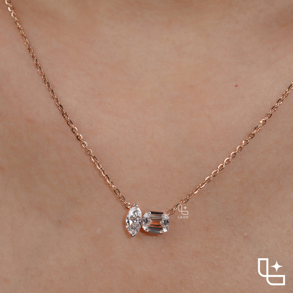 Marquise & Emerald Cut Diamond Pendant Necklace – Rose Gold Diamond Necklace | Modern Two-Stone Diamond Pendant for Women