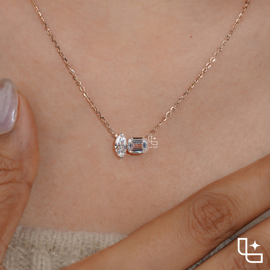 Marquise & Emerald Cut Diamond Pendant Necklace – Rose Gold Diamond Necklace | Modern Two-Stone Diamond Pendant for Women