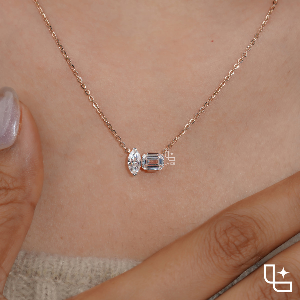 Marquise & Emerald Cut Diamond Pendant Necklace – Rose Gold Diamond Necklace | Modern Two-Stone Diamond Pendant for Women