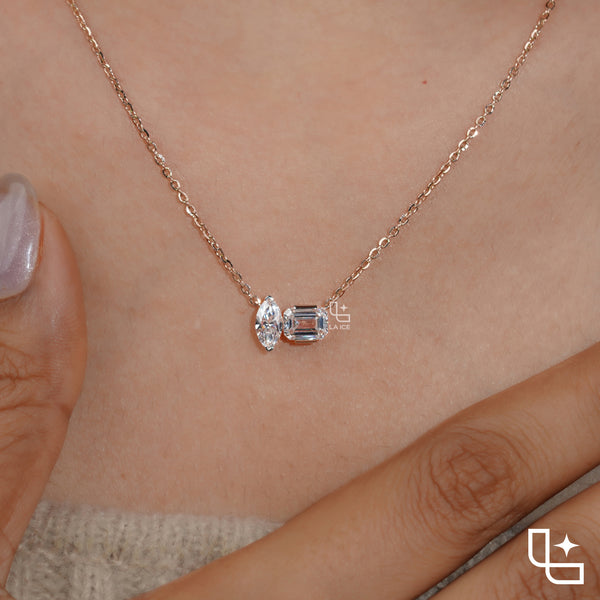 Marquise & Emerald Cut Diamond Pendant Necklace – Rose Gold Diamond Necklace | Modern Two-Stone Diamond Pendant for Women