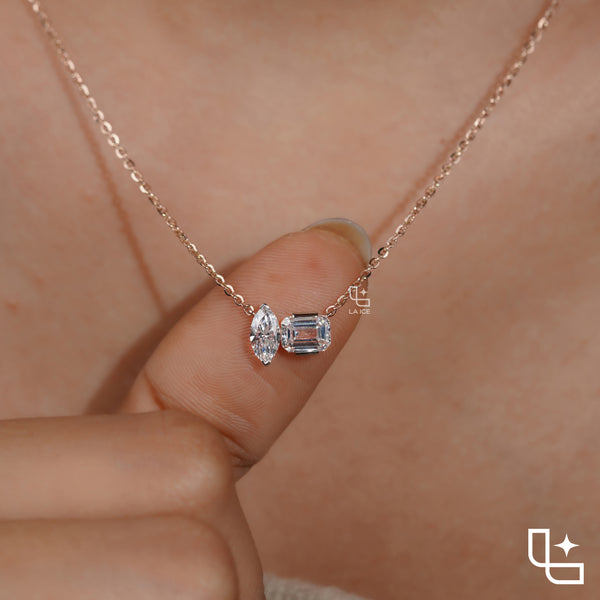 Marquise & Emerald Cut Diamond Pendant Necklace – Rose Gold Diamond Necklace | Modern Two-Stone Diamond Pendant for Women