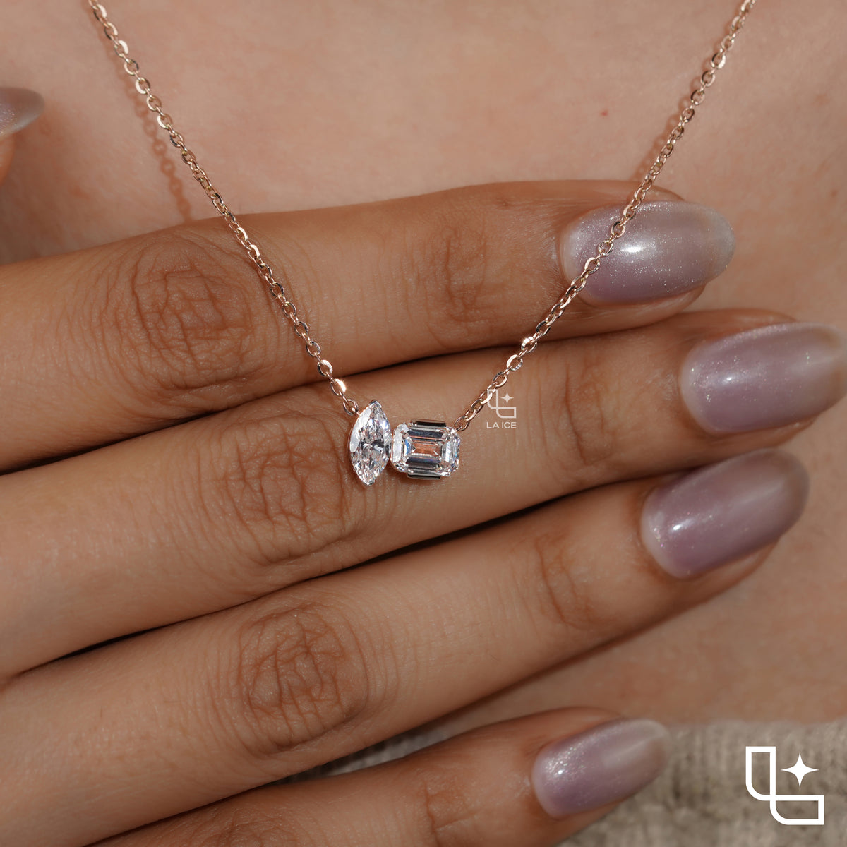 Marquise & Emerald Cut Diamond Pendant Necklace – Rose Gold Diamond Necklace | Modern Two-Stone Diamond Pendant for Women