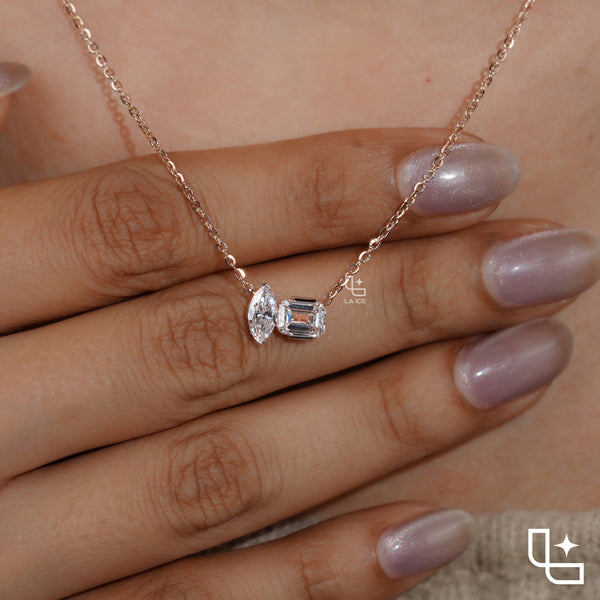 Marquise & Emerald Cut Diamond Pendant Necklace – Rose Gold Diamond Necklace | Modern Two-Stone Diamond Pendant for Women