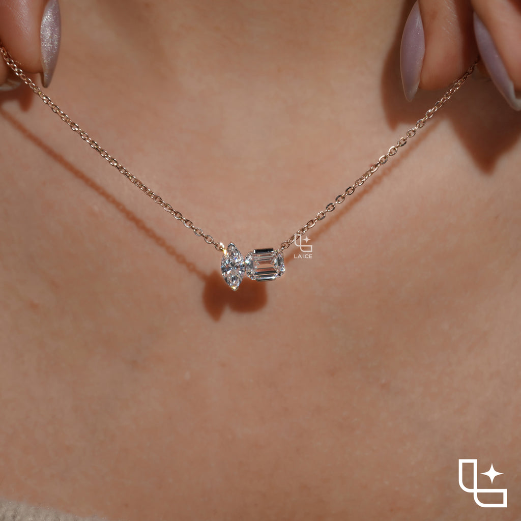 Marquise & Emerald Cut Diamond Pendant Necklace – Rose Gold Diamond Necklace | Modern Two-Stone Diamond Pendant for Women