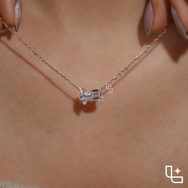 Marquise & Emerald Cut Diamond Pendant Necklace – Rose Gold Diamond Necklace | Modern Two-Stone Diamond Pendant for Women