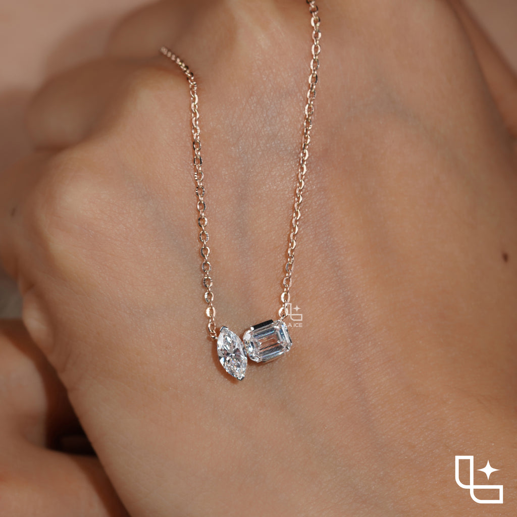Marquise & Emerald Cut Diamond Pendant Necklace – Rose Gold Diamond Necklace | Modern Two-Stone Diamond Pendant for Women