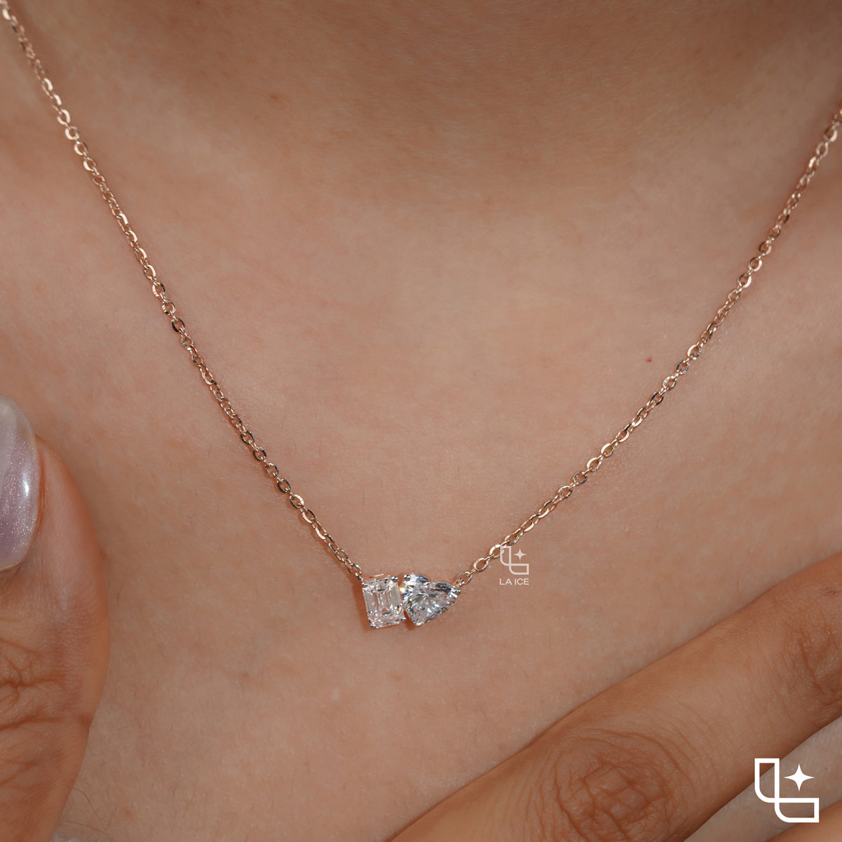 Emerald & Heart Diamond Pendant Necklace – Rose Gold Diamond Necklace | Romantic Two-Stone Diamond Pendant for Women