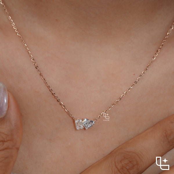 Emerald & Heart Diamond Pendant Necklace – Rose Gold Diamond Necklace | Romantic Two-Stone Diamond Pendant for Women