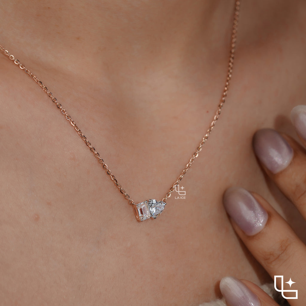 Emerald & Heart Diamond Pendant Necklace – Rose Gold Diamond Necklace | Romantic Two-Stone Diamond Pendant for Women
