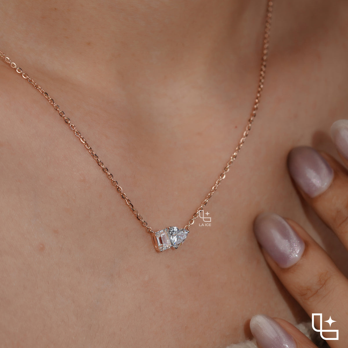 Emerald & Heart Diamond Pendant Necklace – Rose Gold Diamond Necklace | Romantic Two-Stone Diamond Pendant for Women