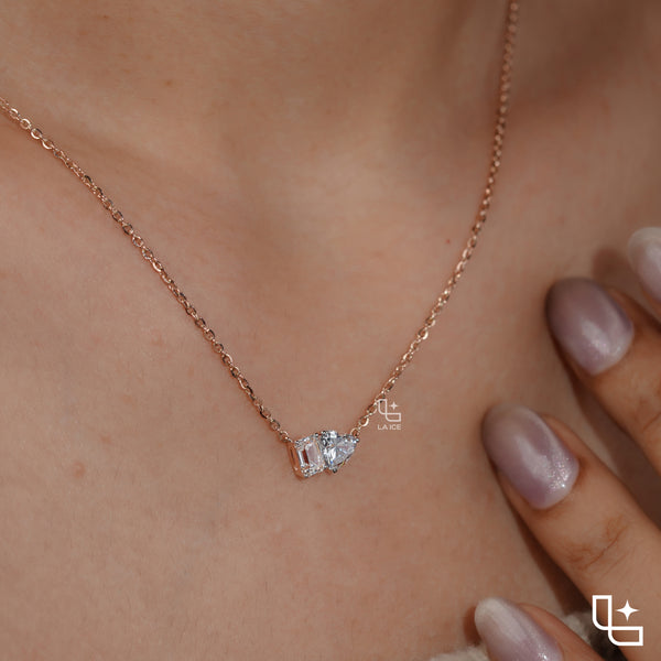 Emerald & Heart Diamond Pendant Necklace – Rose Gold Diamond Necklace | Romantic Two-Stone Diamond Pendant for Women