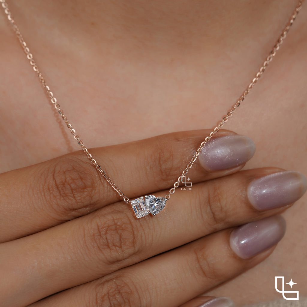 Emerald & Heart Diamond Pendant Necklace – Rose Gold Diamond Necklace | Romantic Two-Stone Diamond Pendant for Women
