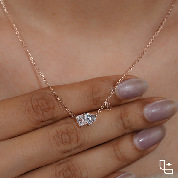 Emerald & Heart Diamond Pendant Necklace – Rose Gold Diamond Necklace | Romantic Two-Stone Diamond Pendant for Women