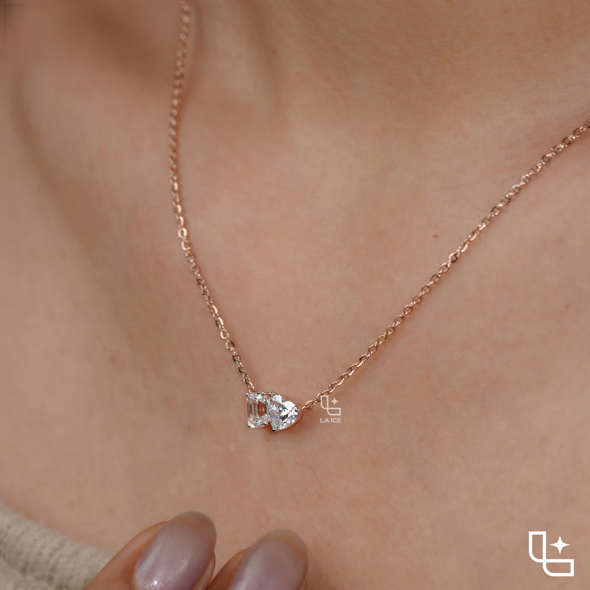 Emerald & Heart Diamond Pendant Necklace – Rose Gold Diamond Necklace | Romantic Two-Stone Diamond Pendant for Women