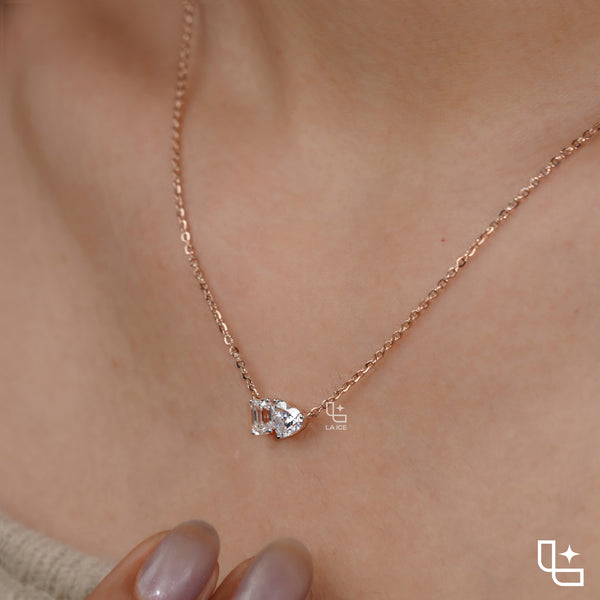 Emerald & Heart Diamond Pendant Necklace – Rose Gold Diamond Necklace | Romantic Two-Stone Diamond Pendant for Women