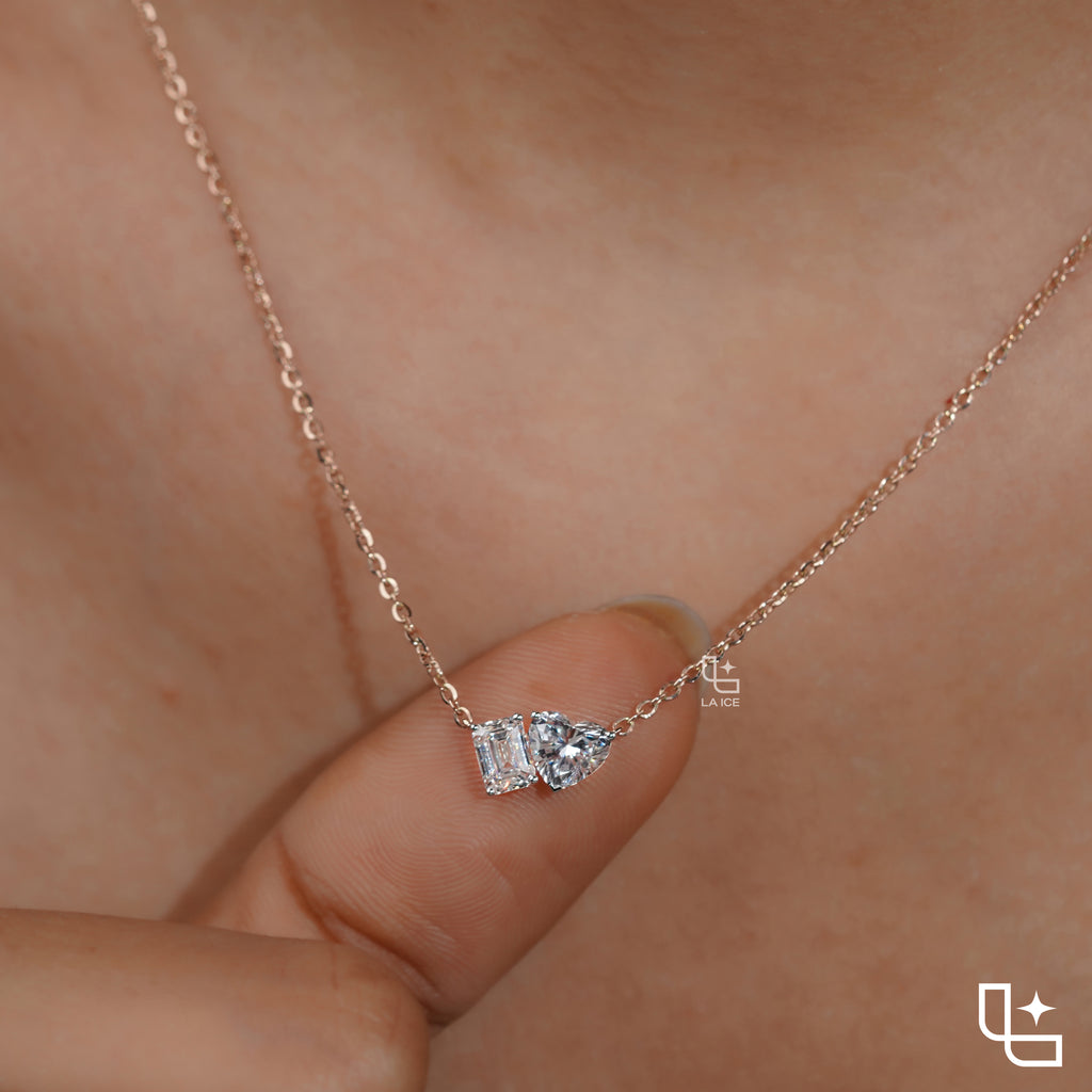 Emerald & Heart Diamond Pendant Necklace – Rose Gold Diamond Necklace | Romantic Two-Stone Diamond Pendant for Women