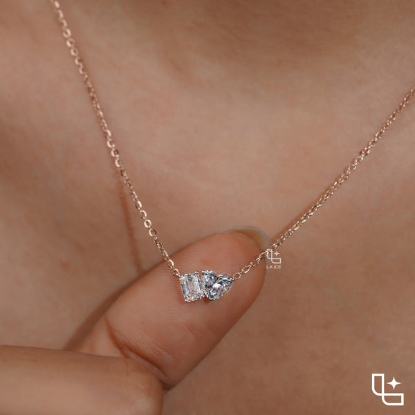 Emerald & Heart Diamond Pendant Necklace – Rose Gold Diamond Necklace | Romantic Two-Stone Diamond Pendant for Women