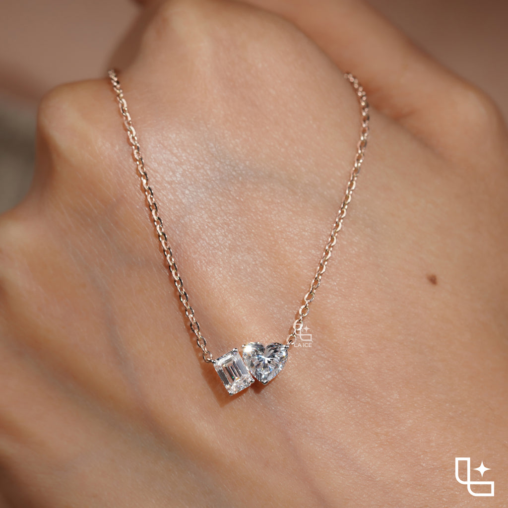Emerald & Heart Diamond Pendant Necklace – Rose Gold Diamond Necklace | Romantic Two-Stone Diamond Pendant for Women