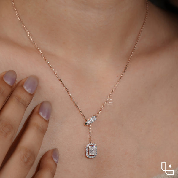 Y Necklace with Rectangular Halo Pendant and Diamond Accents