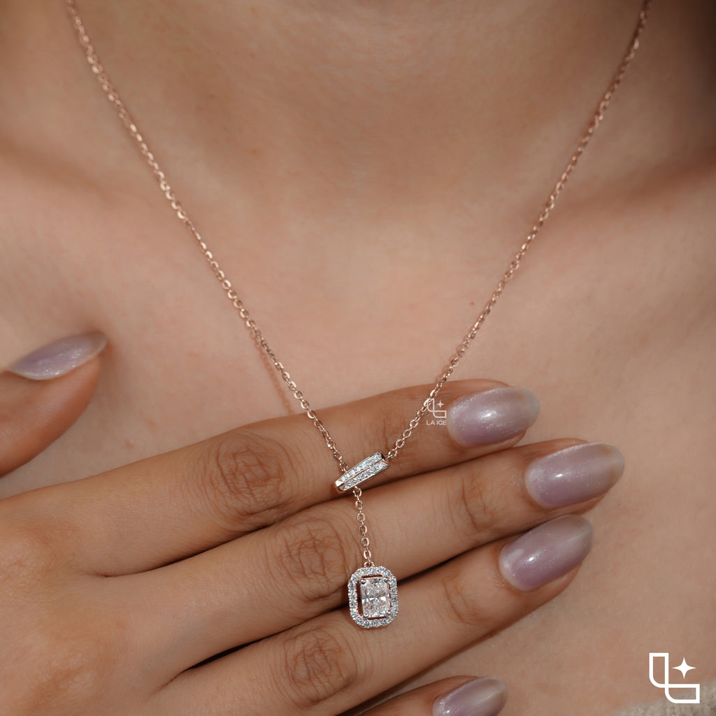 Y Necklace with Rectangular Halo Pendant and Diamond Accents