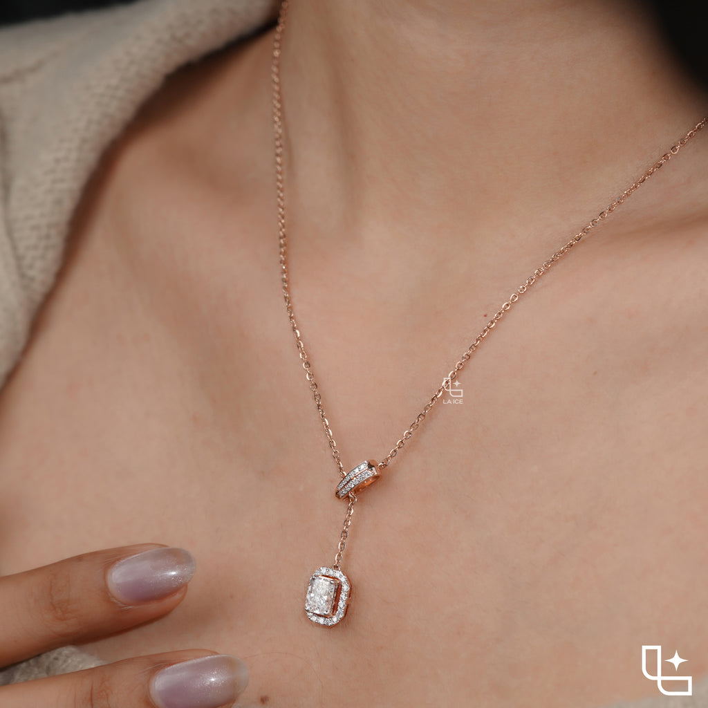 Y Necklace with Rectangular Halo Pendant and Diamond Accents