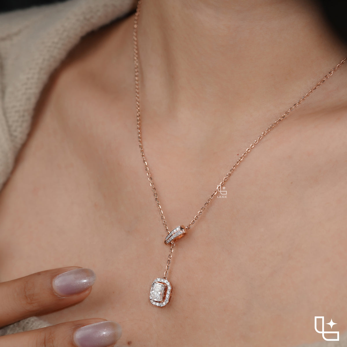 Y Necklace with Rectangular Halo Pendant and Diamond Accents