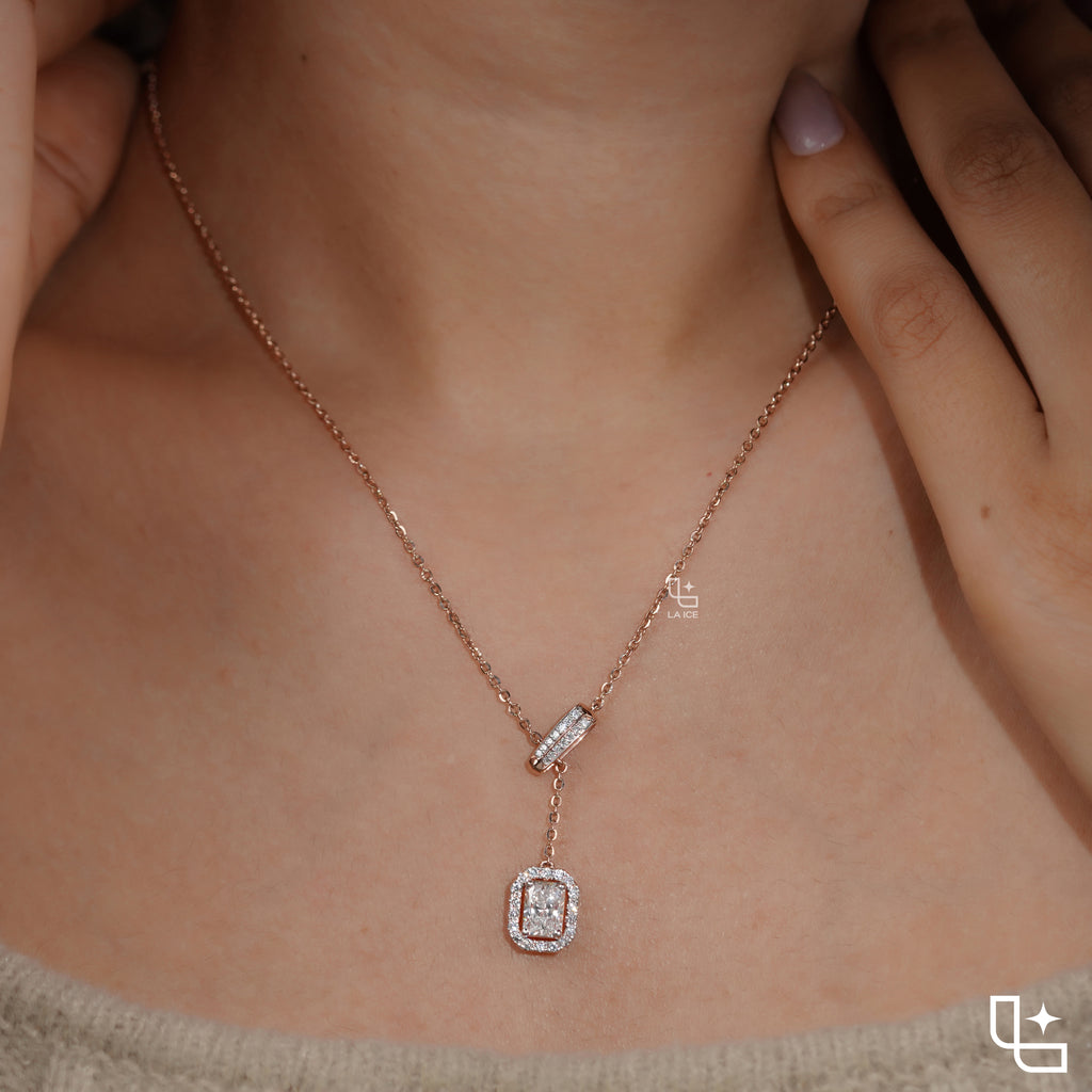 Y Necklace with Rectangular Halo Pendant and Diamond Accents