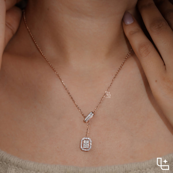 Y Necklace with Rectangular Halo Pendant and Diamond Accents