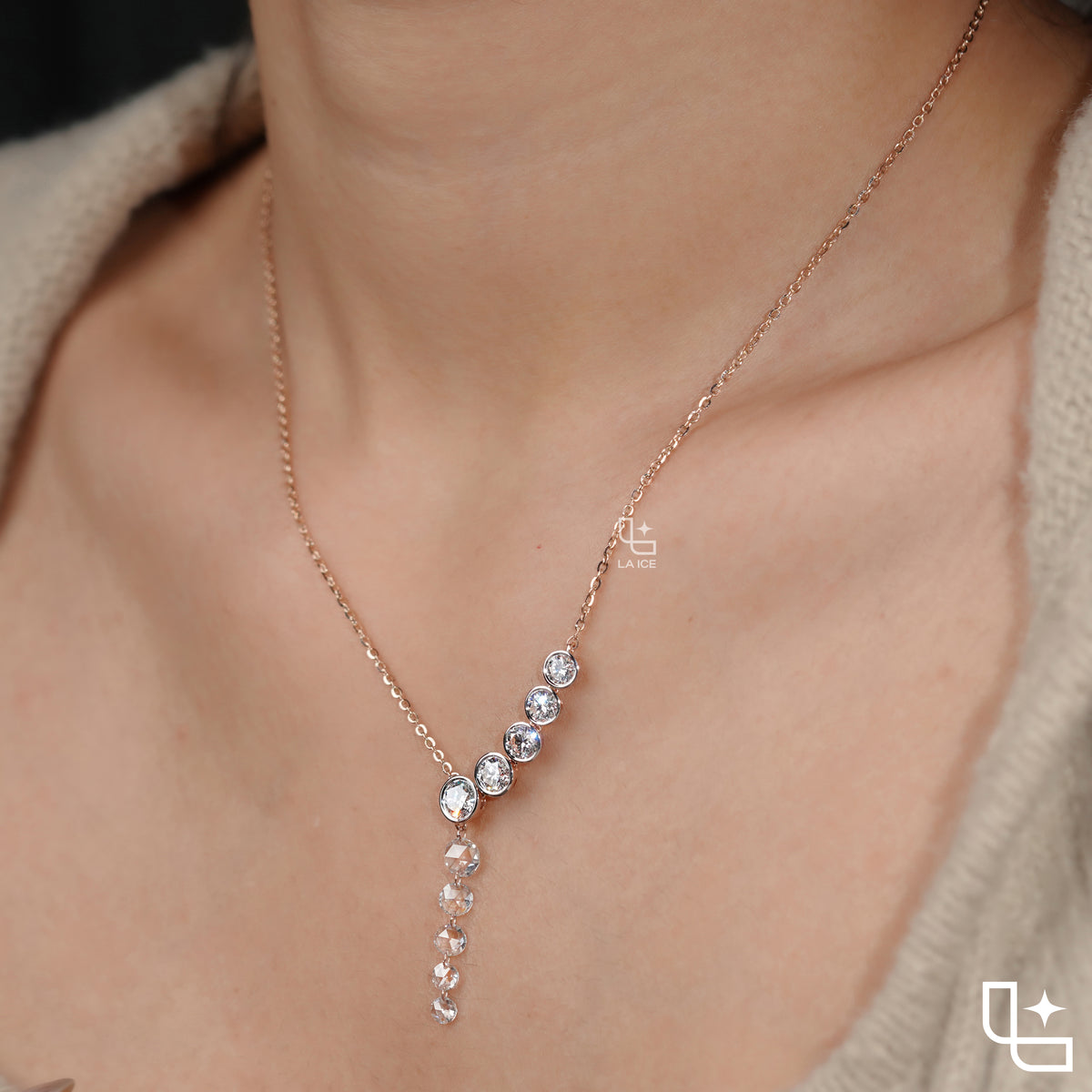 Round Diamond Journey Drop Necklace – Rose Gold Diamond Necklace | Elegant Graduated Diamond Pendant Necklace for Women