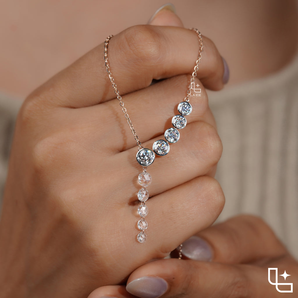 Round Diamond Journey Drop Necklace – Rose Gold Diamond Necklace | Elegant Graduated Diamond Pendant Necklace for Women