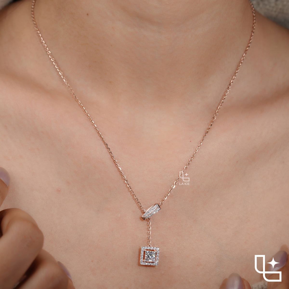 Emerald Cut Halo Drop Necklace with Diamond Sliding Bar Detail