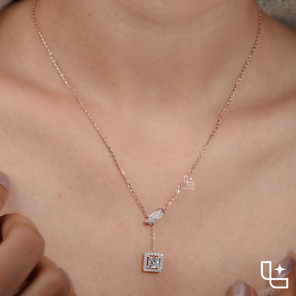 Emerald Cut Halo Drop Necklace with Diamond Sliding Bar Detail
