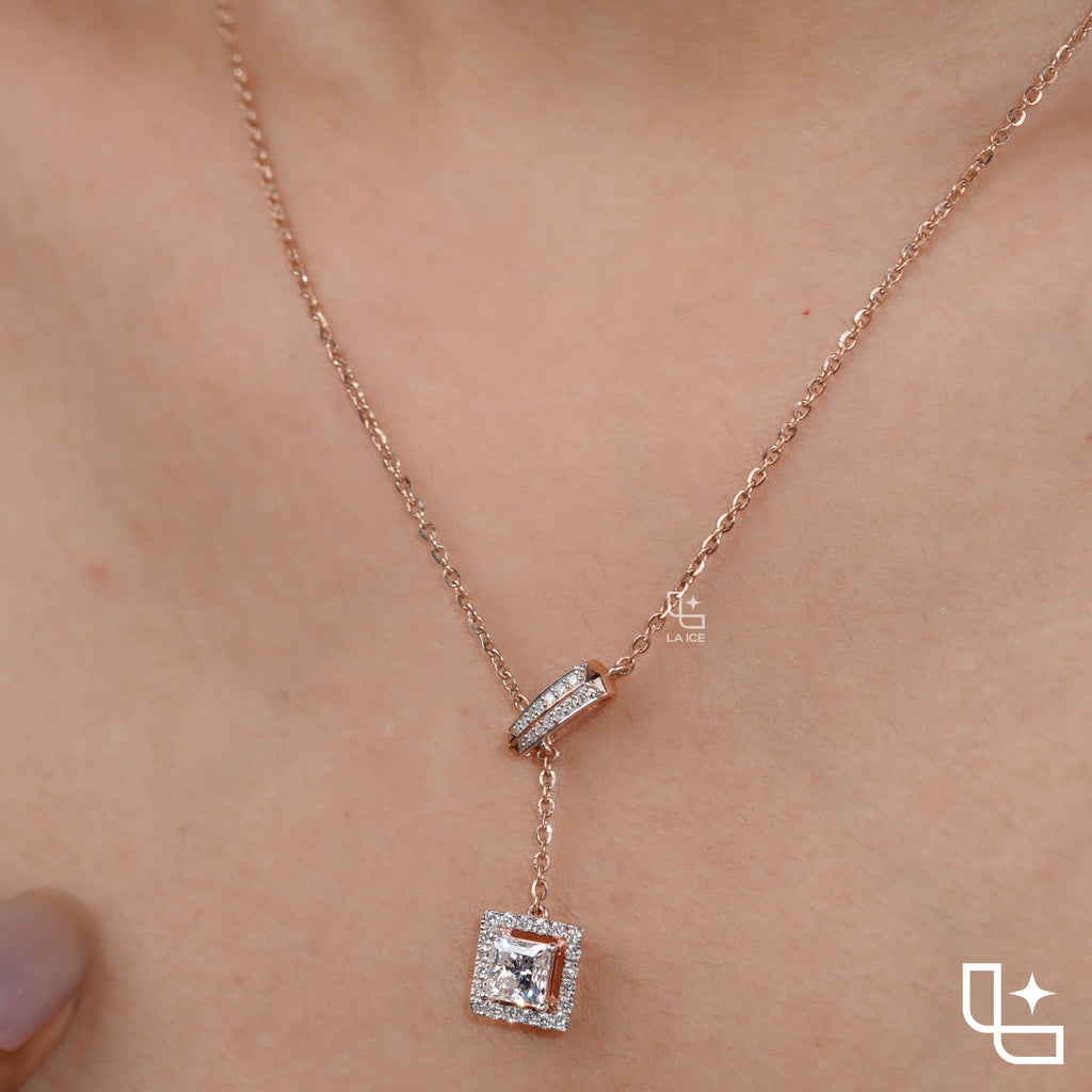 Emerald Cut Halo Drop Necklace with Diamond Sliding Bar Detail