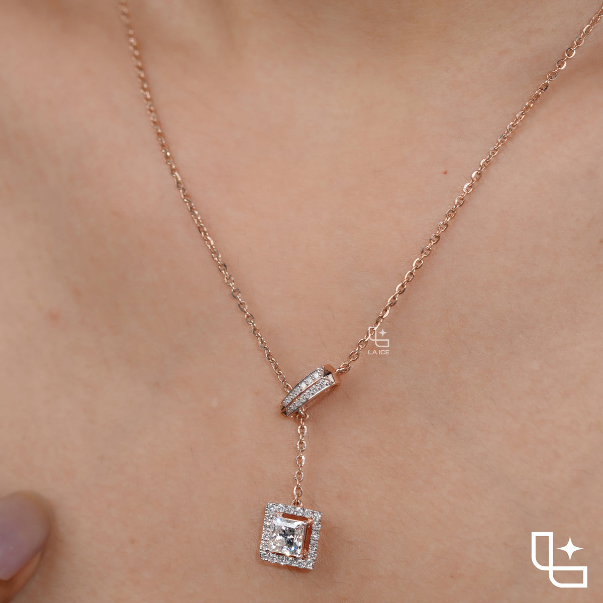 Emerald Cut Halo Drop Necklace with Diamond Sliding Bar Detail