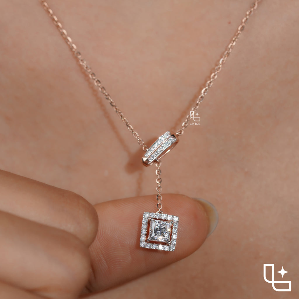 Emerald Cut Halo Drop Necklace with Diamond Sliding Bar Detail