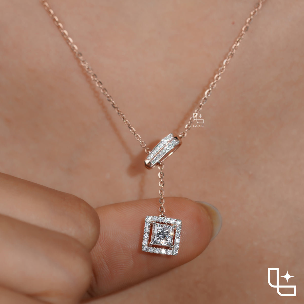 Emerald Cut Halo Drop Necklace with Diamond Sliding Bar Detail