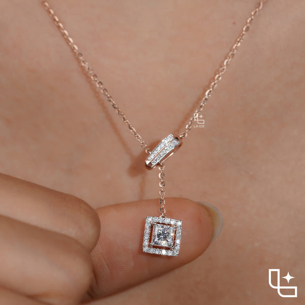 Emerald Cut Halo Drop Necklace with Diamond Sliding Bar Detail