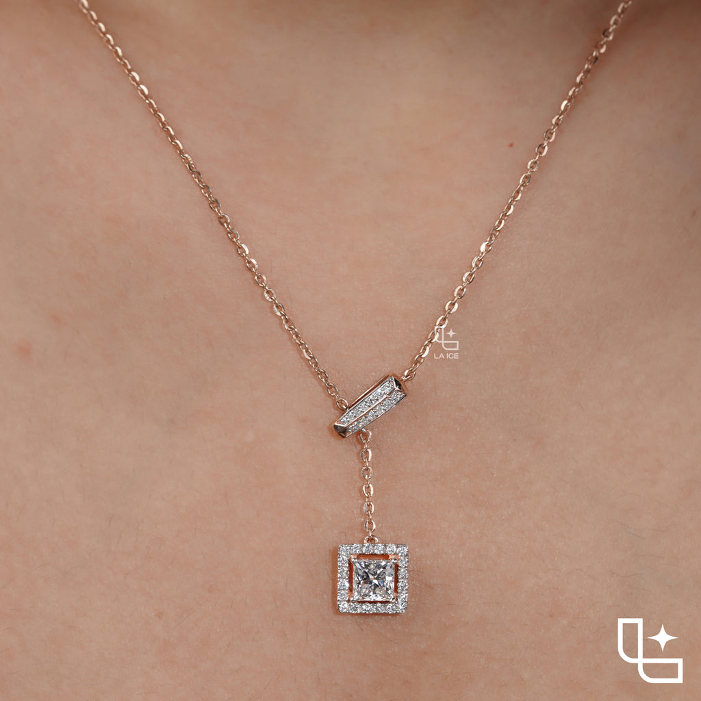 Emerald Cut Halo Drop Necklace with Diamond Sliding Bar Detail