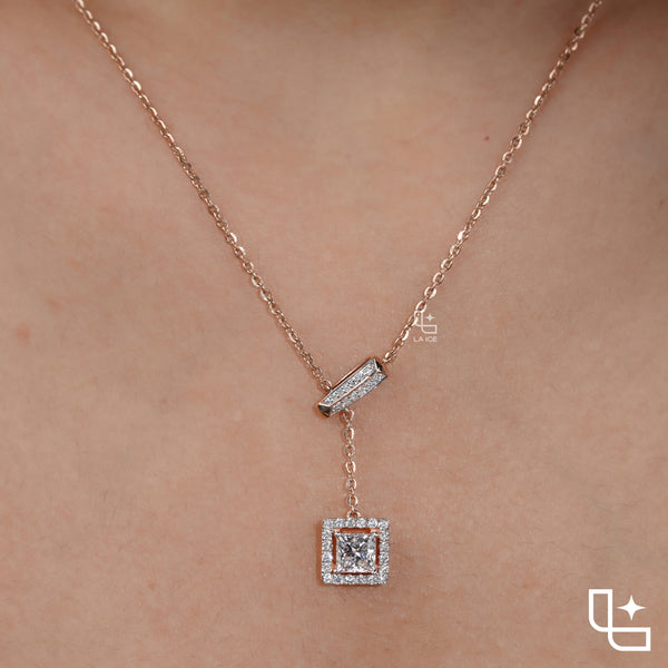 Emerald Cut Halo Drop Necklace with Diamond Sliding Bar Detail