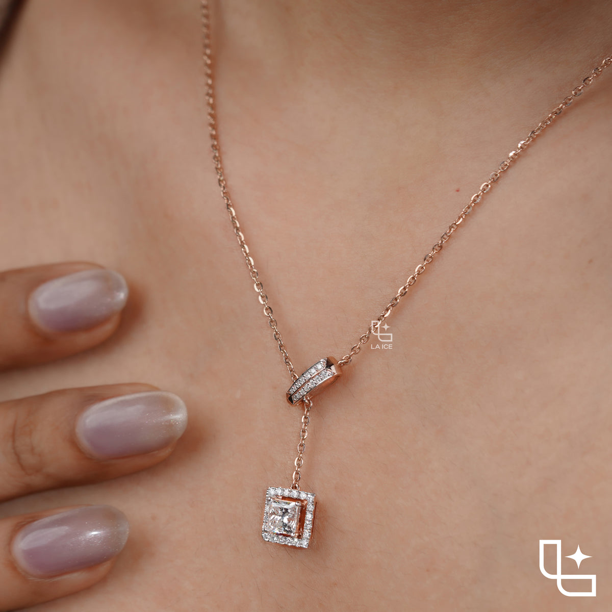 Emerald Cut Halo Drop Necklace with Diamond Sliding Bar Detail Main image